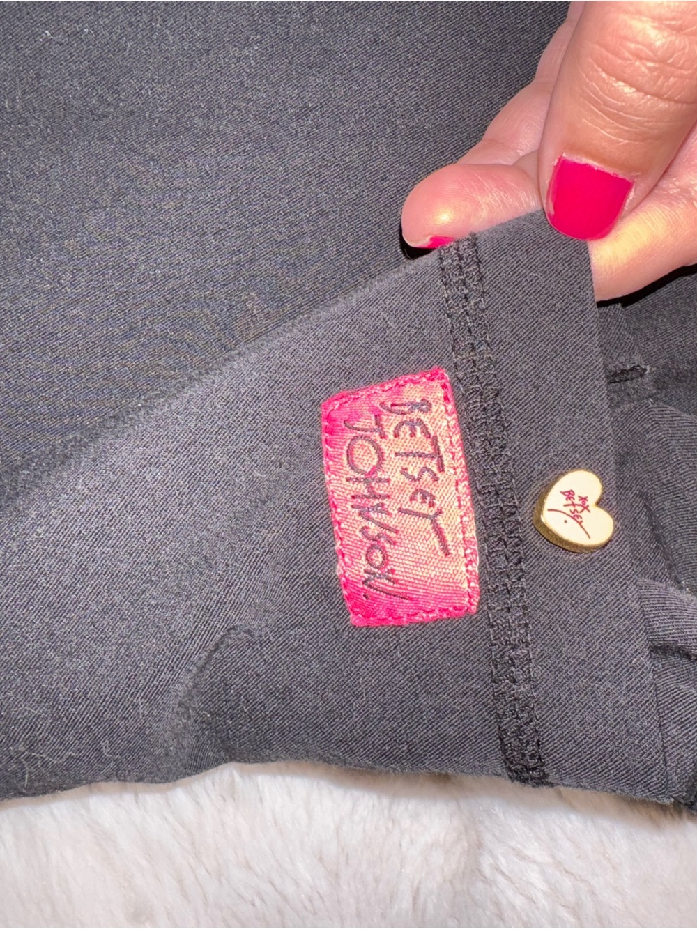 Betsey Johnson Black scrub pants with Pink Logo Patch and Heart Stud